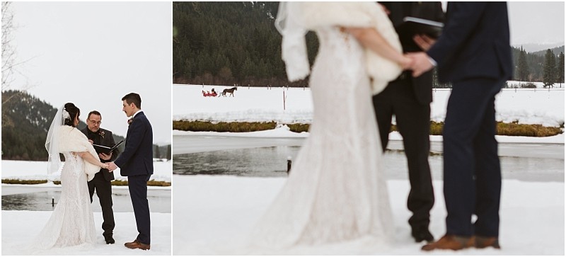 Snohomish & seattle wedding photographer | gsquared weddings photography a couple stands holding hands during an outdoor leavenworth wedding ceremony officiated by a man with snow covered ground a frozen pond and trees in the background | wedding photo by gsquared weddings
