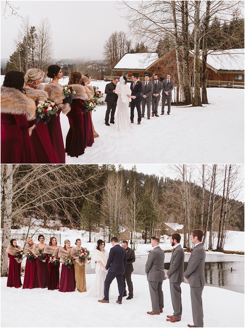 Snohomish & seattle wedding photographer | gsquared weddings photography two photos of a leavenworth wedding capture an outdoor winter ceremony with bridesmaids in burgundy dresses and fur shawls groomsmen in gray suits and the couple standing on snowy ground by trees and a rustic wooden cabin | wedding photo by gsquared weddings