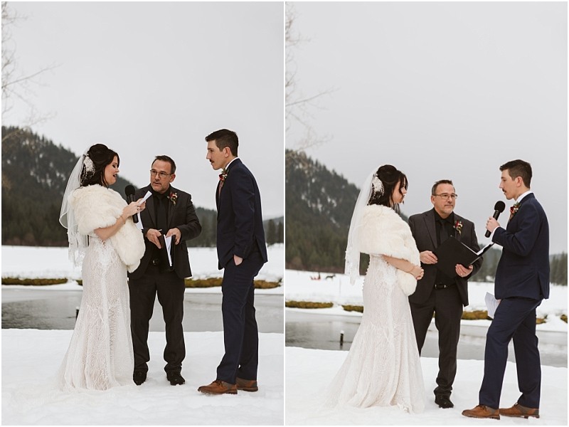Snohomish & seattle wedding photographer | gsquared weddings photography a bride and groom stand with an officiant outdoors on snow exchanging vows during their leavenworth wedding ceremony Trees and a snowy landscape complete this magical winter scene | wedding photo by gsquared weddings