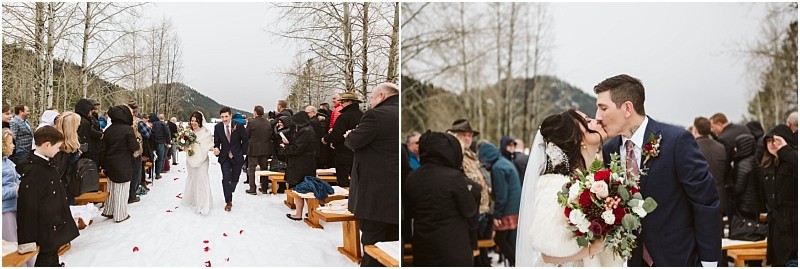 Snohomish & seattle wedding photographer | gsquared weddings photography two side by side photos of a magical leavenworth wedding guests in coats sit on benches as a couple walks down a snow covered aisle in the second photo the bride and groom kiss holding a bouquet with guests in the background | wedding photo by gsquared weddings