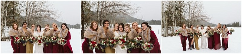 Snohomish & seattle wedding photographer | gsquared weddings photography three photos capture a joyful leavenworth wedding as a bride and her bridesmaids stand outside in the snow wearing fur shawls and holding bouquets smiling together with a wintry forest and mountains in the background | wedding photo by gsquared weddings