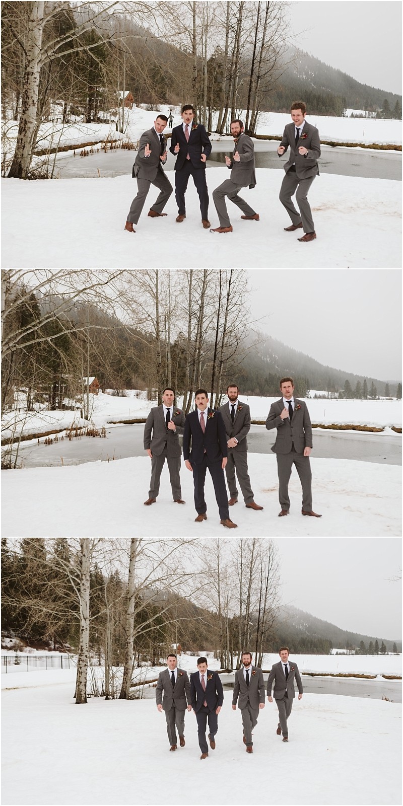 Snohomish & seattle wedding photographer | gsquared weddings photography four men in suits pose playfully in the snow by a river and trees with mountains behind them This joyful sequence captures friends having fun outdoors during a winter leavenworth wedding | wedding photo by gsquared weddings