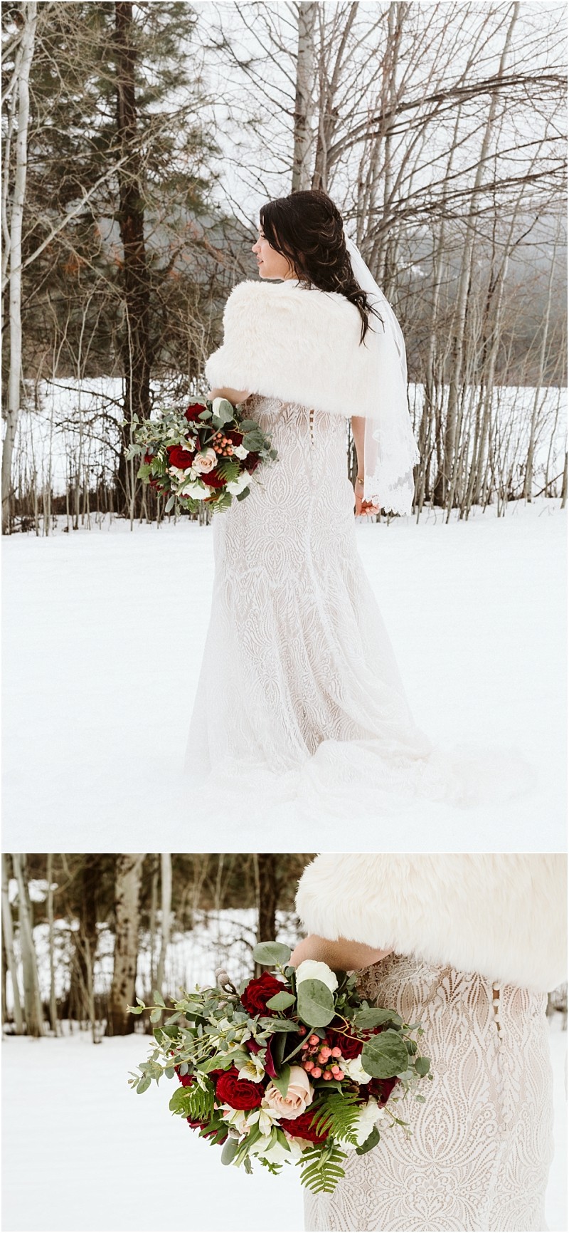 Snohomish & seattle wedding photographer | gsquared weddings photography a bride in a white gown and fur shawl stands in snowy woods at her leavenworth wedding holding a bouquet of red and white flowers with greenery The close up captures intricate dress details and the stunning floral arrangement | wedding photo by gsquared weddings