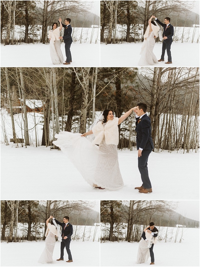 Snohomish & seattle wedding photographer | gsquared weddings photography a couple dressed in formal winter attire dances together in the snow surrounded by trees The woman twirls in a light colored dress and shawl while the man in a dark suit leads her playfully at their magical leavenworth wedding | wedding photo by gsquared weddings