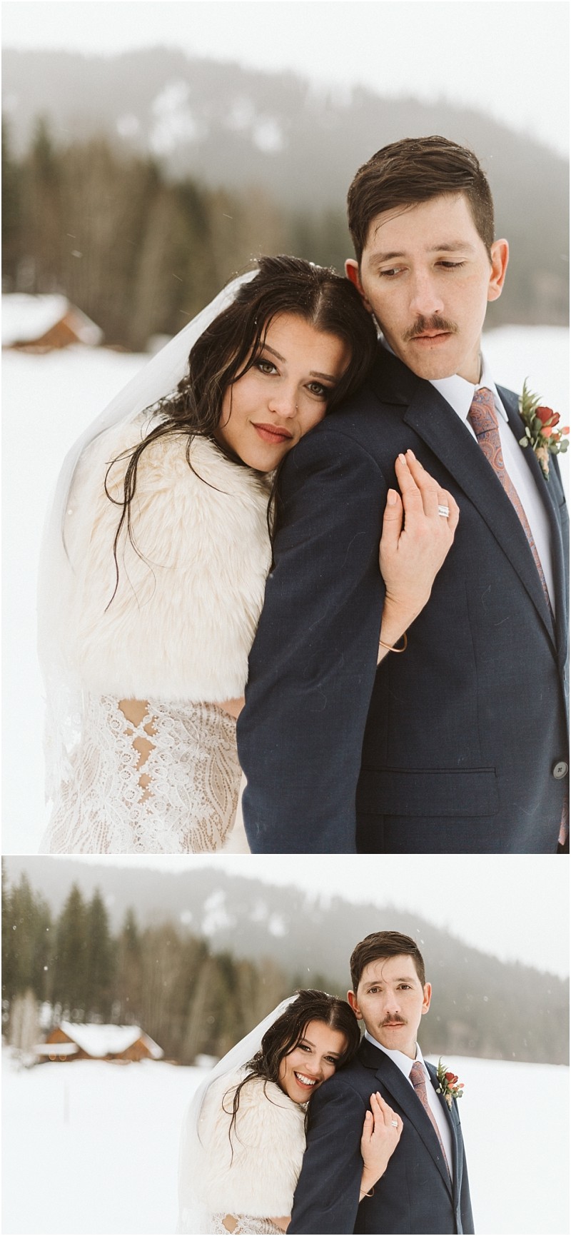 Snohomish & seattle wedding photographer | gsquared weddings photography a bride in a lace dress and fur shawl leans affectionately on the grooms shoulder They stand outdoors in a snowy leavenworth wedding setting with trees and cabins in the background both smiling gently at the camera | wedding photo by gsquared weddings