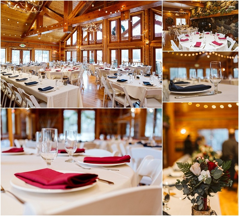 Snohomish & seattle wedding photographer | gsquared weddings photography a rustic elegant leavenworth wedding event space with wooden beams large windows and set dining tables Tables feature white linens red or navy napkins glassware simple floral centerpieces and warm string lights overhead | wedding photo by gsquared weddings