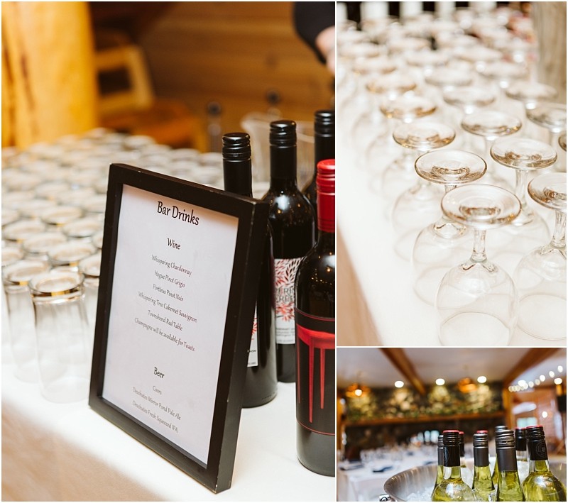 Snohomish & seattle wedding photographer | gsquared weddings photography a table set for a leavenworth wedding features wine bottles glasses and a framed bar drinks menu close ups reveal rows of upside down wine glasses and bottles of white wine on ice at a well lit event | wedding photo by gsquared weddings