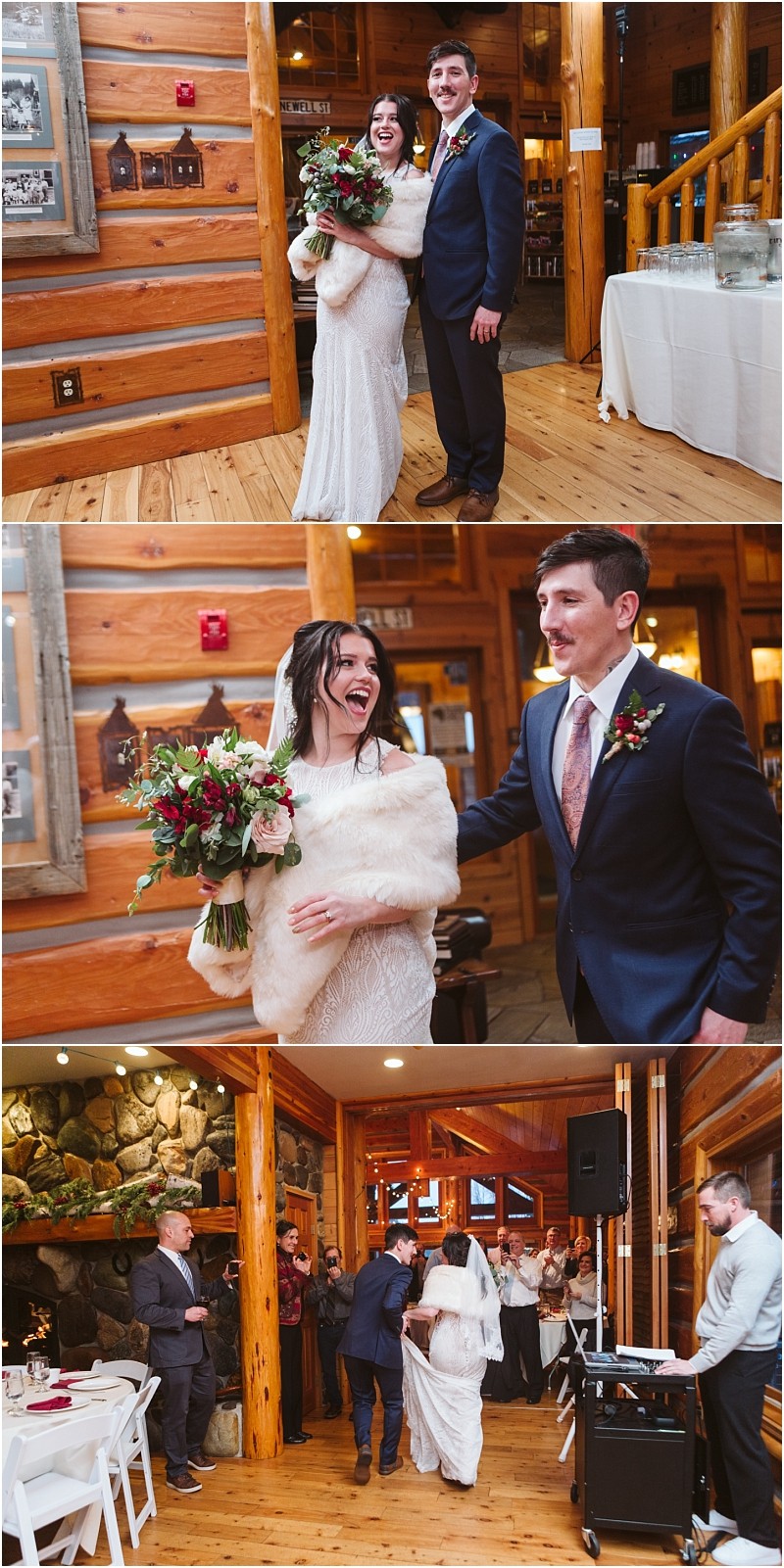 Snohomish & seattle wedding photographer | gsquared weddings photography a bride in a white dress and veil holding a bouquet and a groom in a suit smile and laugh together at their rustic leavenworth wedding reception with wooden walls and guests in the background | wedding photo by gsquared weddings