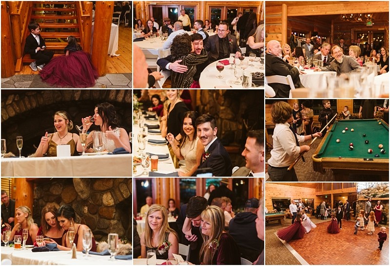 Snohomish & seattle wedding photographer | gsquared weddings photography a collage of leavenworth wedding reception moments guests dining and laughing a couple dancing people playing pool children on stairs and celebratory scenes in a warmly lit rustic venue | wedding photo by gsquared weddings