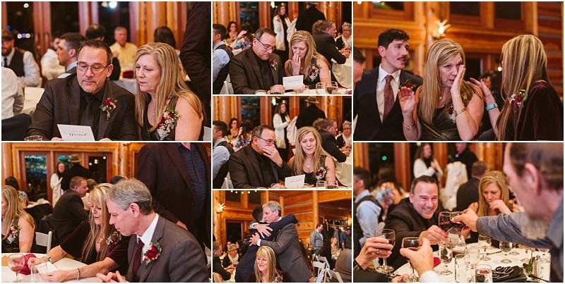 Snohomish & seattle wedding photographer | gsquared weddings photography a collage of candid moments from a leavenworth wedding shows guests at a formal indoor event talking laughing hugging toasting drinks and reading a card at decorated tables with wood paneled walls in the background | wedding photo by gsquared weddings