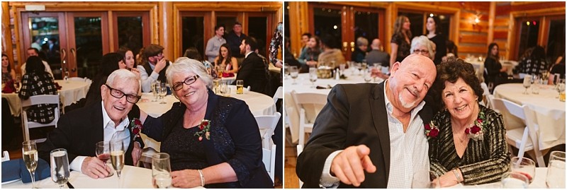 Snohomish & seattle wedding photographer | gsquared weddings photography two photos side by side show older couples smiling and posing at a leavenworth wedding sitting at tables decorated with wine glasses and flowers Other guests are visible in the warmly lit wood paneled background | wedding photo by gsquared weddings