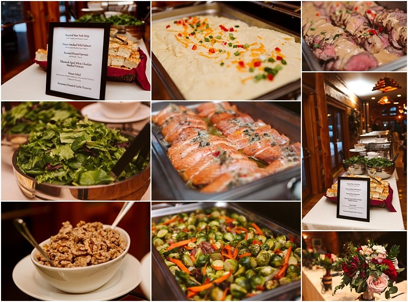 Snohomish & seattle wedding photographer | gsquared weddings photography a buffet spread at a leavenworth wedding featuring dishes like mashed potatoes salad roasted salmon brussels sprouts with carrots candied nuts sliced meat fresh bread and floral centerpieces with a printed menu on display | wedding photo by gsquared weddings