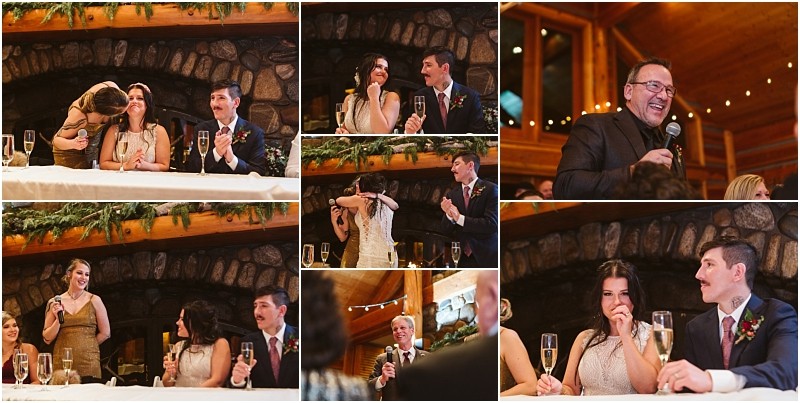 Snohomish & seattle wedding photographer | gsquared weddings photography a collage of leavenworth wedding reception moments shows guests making speeches laughing hugging and a bride and groom smiling at their table surrounded by rustic decor and warm lighting | wedding photo by gsquared weddings