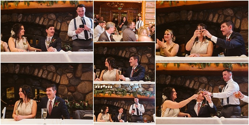 Snohomish & seattle wedding photographer | gsquared weddings photography a collage of leavenworth wedding reception photos shows a couple seated at a table giving toasts laughing and clinking glasses with guests inside a rustic wood paneled venue with a stone fireplace | wedding photo by gsquared weddings