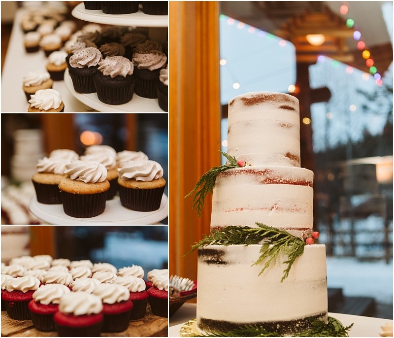 Snohomish & seattle wedding photographer | gsquared weddings photography a collage featuring a three tier semi naked cake decorated with greenery and berries alongside close ups of assorted cupcakes with swirled frosting displayed on a tiered stand at an indoor leavenworth wedding event | wedding photo by gsquared weddings