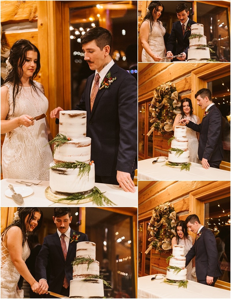 Snohomish & seattle wedding photographer | gsquared weddings photography a bride and groom stand together cutting a three tiered white wedding cake decorated with greenery They smile and work together in a cozy warmly lit wooden venue at their charming leavenworth wedding | wedding photo by gsquared weddings