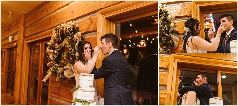 Snohomish & seattle wedding photographer | gsquared weddings photography at their charming leavenworth wedding a bride and groom stand by a rustic wooden wall and wreath feeding each other cake and laughing Inset images show them wiping cake from each others faces and sharing a kiss | wedding photo by gsquared weddings