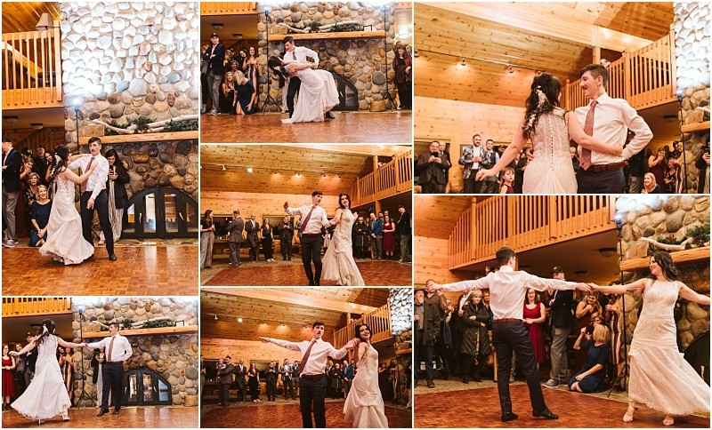 Snohomish & seattle wedding photographer | gsquared weddings photography a collage of leavenworth wedding dance photos shows a bride and groom performing their first dance in a rustic wooden hall surrounded by cheering guests The couple twirls dips and smiles throughout their joyful celebration | wedding photo by gsquared weddings