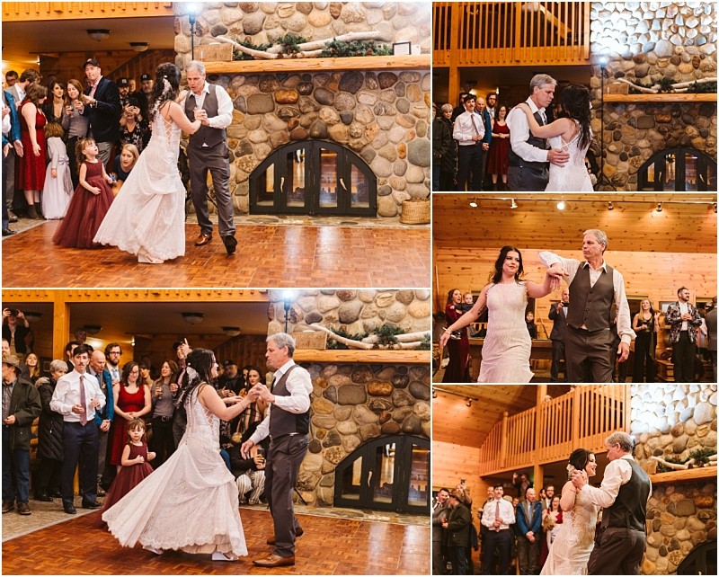 Snohomish & seattle wedding photographer | gsquared weddings photography a bride in a white dress dances joyfully with her father on a wooden floor in a rustic stone walled venue at a charming leavenworth wedding surrounded by smiling guests celebrating their special moment | wedding photo by gsquared weddings