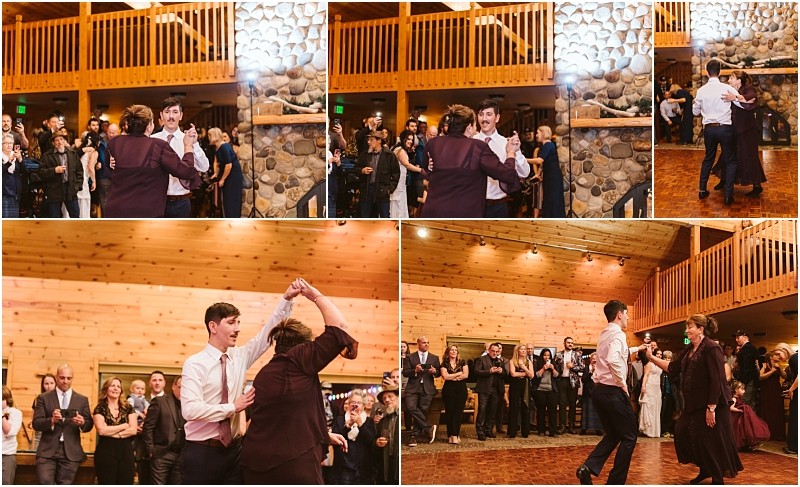 Snohomish & seattle wedding photographer | gsquared weddings photography four photos capture a young man in a white shirt and tie dancing with an older woman in a maroon dress at a charming leavenworth wedding inside a rustic venue with wood walls and a stone fireplace as guests watch and smile | wedding photo by gsquared weddings