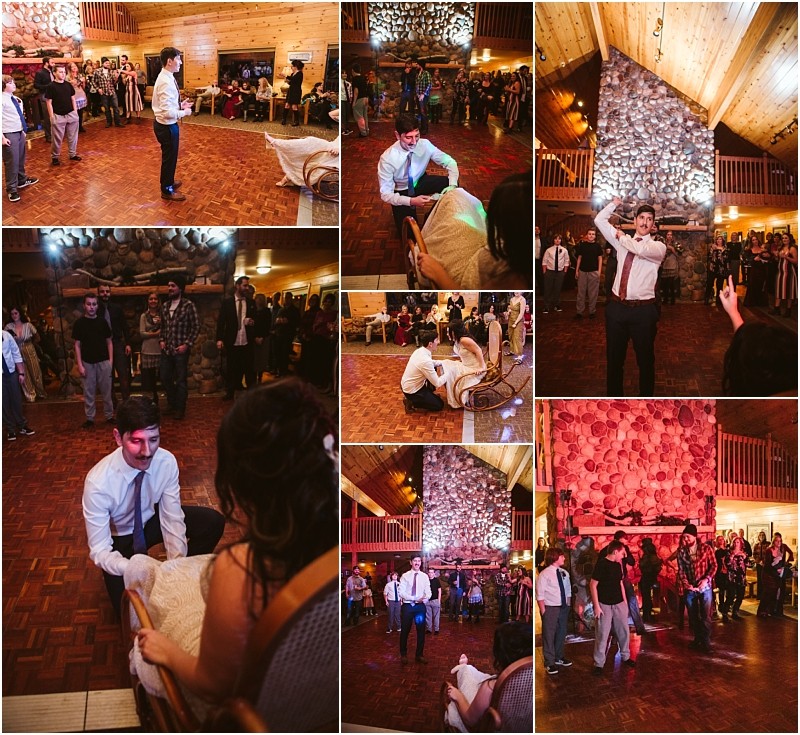 Snohomish & seattle wedding photographer | gsquared weddings photography a collage of leavenworth wedding reception photos shows a groom removing a garter from the brides leg and preparing to toss it to male guests on a dance floor in a rustic wooden venue with a stone fireplace | wedding photo by gsquared weddings