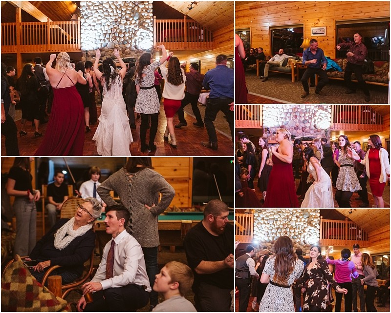 Snohomish & seattle wedding photographer | gsquared weddings photography a collage of photos shows people dancing chatting and relaxing in a cozy wooden lodge with a stone fireplace during a lively and festive leavenworth wedding Some guests are dressed formally while others wear casual attire | wedding photo by gsquared weddings