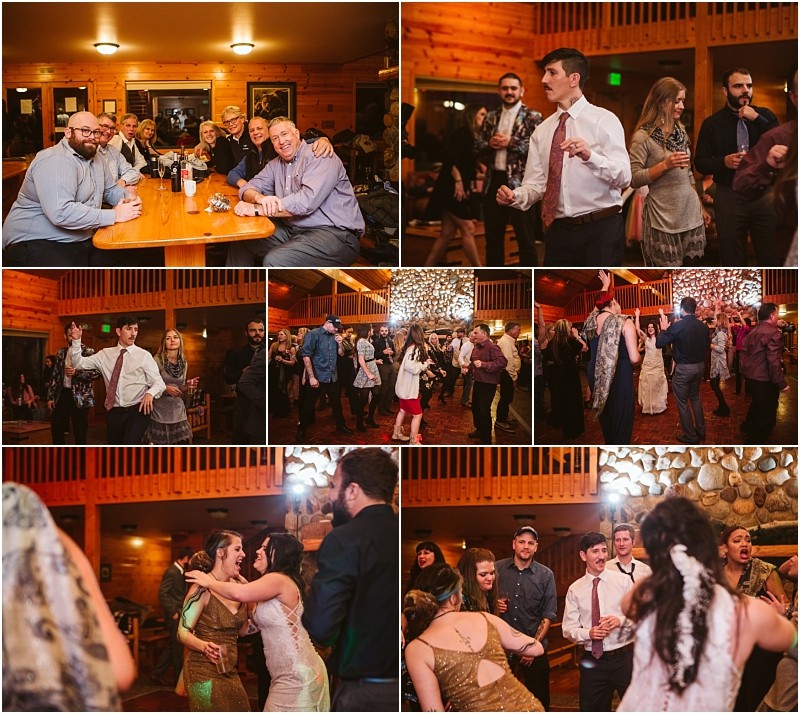 Snohomish & seattle wedding photographer | gsquared weddings photography a collage of photos shows people at a lively indoor party in a rustic wood paneled venue Guests are sitting dancing laughing and celebratinga true leavenworth wedding with warm lighting and a festive atmosphere throughout | wedding photo by gsquared weddings