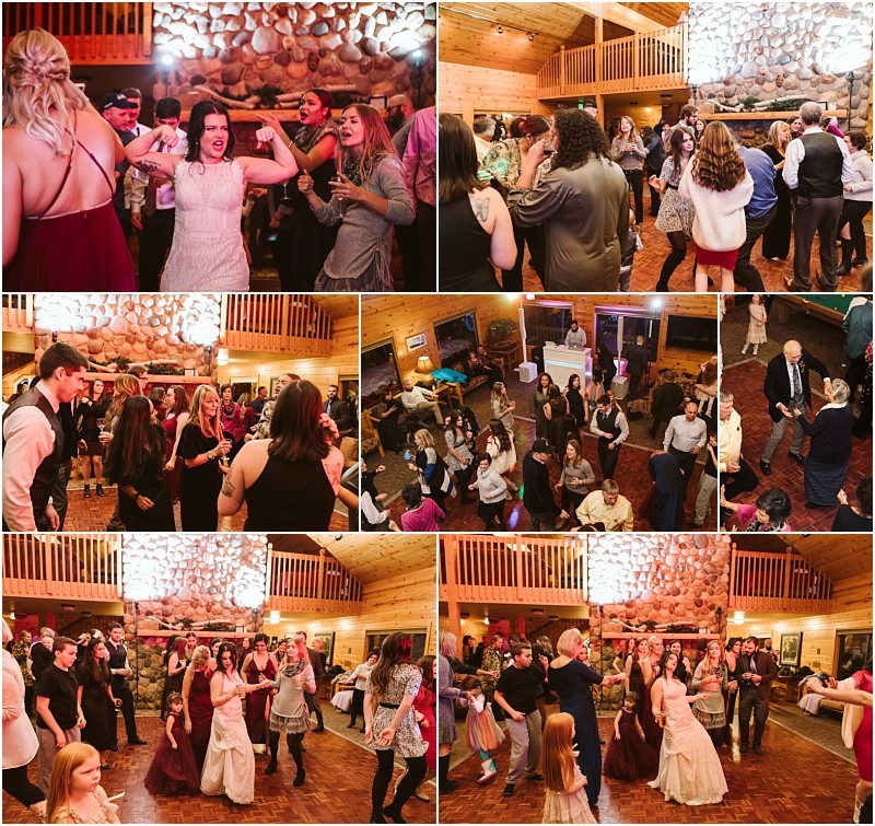 Snohomish & seattle wedding photographer | gsquared weddings photography a collage of six photos shows people dancing and celebrating at a lively indoor leavenworth wedding reception in a rustic wooden venue with a stone fireplace and balcony Guests of all ages participate and enjoy the festivities | wedding photo by gsquared weddings