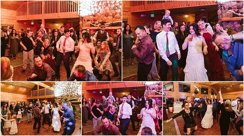 Snohomish & seattle wedding photographer | gsquared weddings photography a collage of six photos shows wedding guests dancing and celebrating at a leavenworth wedding in a wooden lodge decorated with stone and wood accents featuring the bride in a white dress and a lively group enjoying the festivities | wedding photo by gsquared weddings