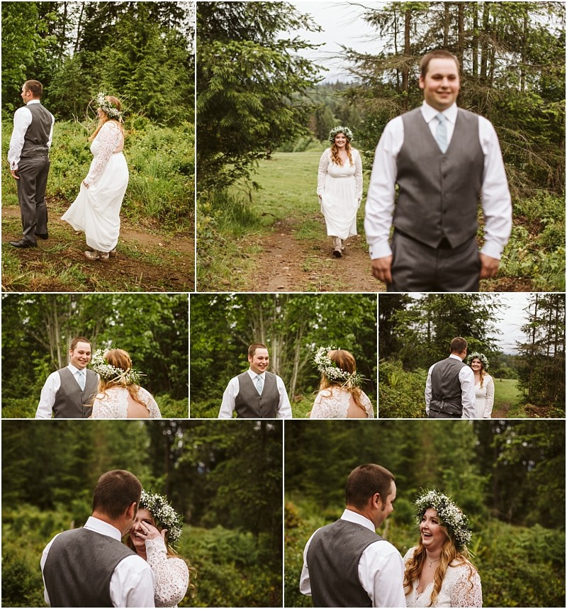 Snohomish & seattle wedding photographer | gsquared weddings photography a collage of outdoor wedding photos shows a bride in a white dress and flower crown approaching her smiling groom at their machias elopement surrounded by lush greenery They share joyful candid momentstruly love with a view | wedding photo by gsquared weddings