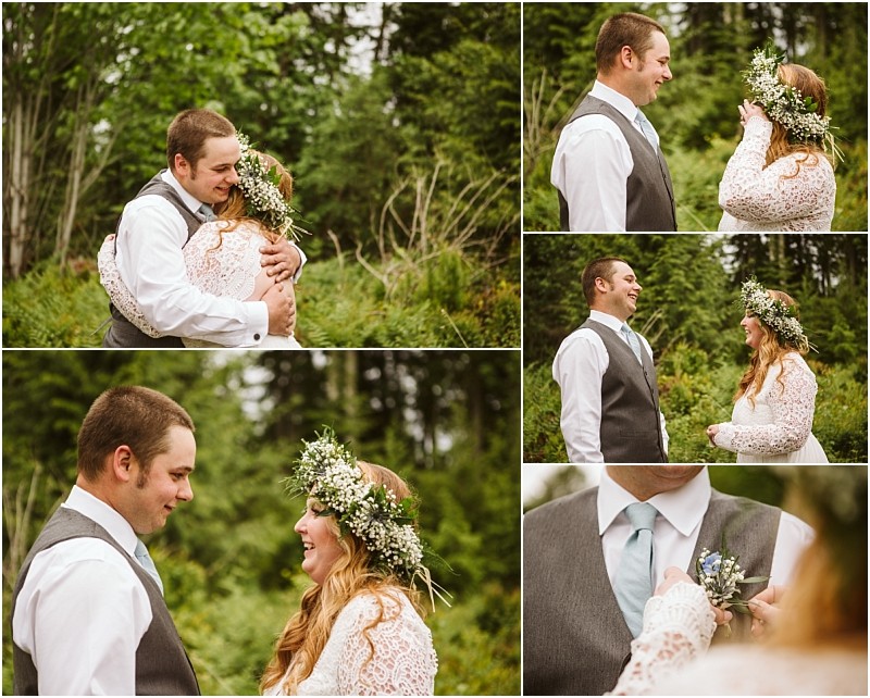 Snohomish & seattle wedding photographer | gsquared weddings photography a collage of a bride and groom outdoors smiling and embracing each other Surrounded by greenery and trees their machias elopement captures true love with a viewthe bride in a white dress and floral crown the groom in a gray vest and tie | wedding photo by gsquared weddings