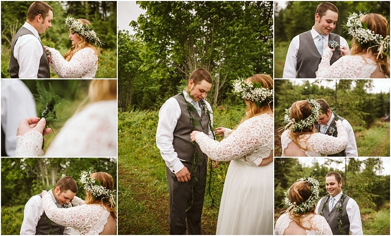 Snohomish & seattle wedding photographer | gsquared weddings photography a collage shows a bride pinning a boutonniere on the grooms vest outdoors at their machias elopement Both smile and laugh in rustic wedding attire and flower crowns surrounded by lush greenerya true celebration of love with a view | wedding photo by gsquared weddings