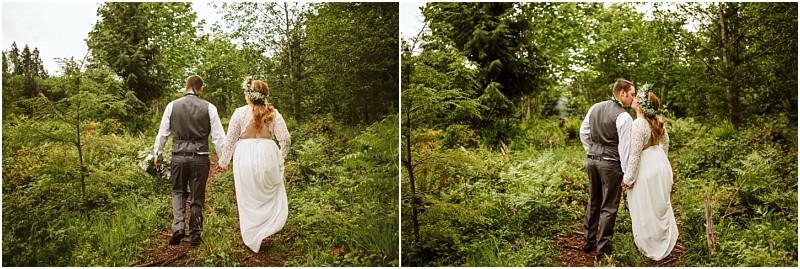 Snohomish & seattle wedding photographer | gsquared weddings photography a couple in wedding attire walks hand in hand through a lush green forest in one photo they walk away while in another from their machias elopement they share a kisscapturing pure love with a view | wedding photo by gsquared weddings