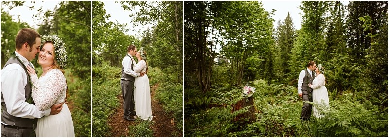 Snohomish & seattle wedding photographer | gsquared weddings photography three photos show a couple in wedding attire embracing and posing together in a lush green forest during their machias elopementlove with a view surrounded by trees ferns and a bouquet resting on a fern in the background | wedding photo by gsquared weddings