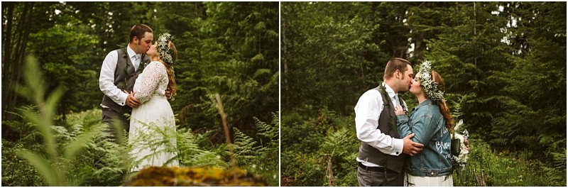 Snohomish & seattle wedding photographer | gsquared weddings photography two photos of a bride and groom kissing in a lush green forest capture their machias elopement Ferns and trees surround them as they celebrate their love with a viewshe in a floral crown and denim jacket he in a gray vest and tie | wedding photo by gsquared weddings