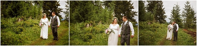 Snohomish & seattle wedding photographer | gsquared weddings photography a bride in a white dress and a groom in a vest and tie walk together on a lush green forest path smiling and holding hands on their machias elopementtruly love with a view on their wedding day | wedding photo by gsquared weddings