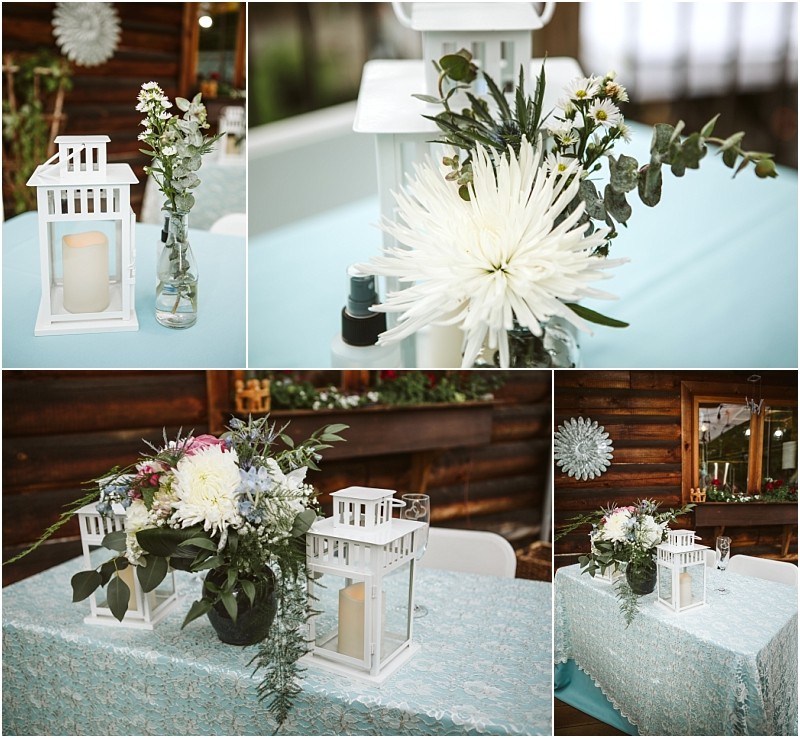 Snohomish & seattle wedding photographer | gsquared weddings photography a collage of wedding table centerpieces featuring white lanterns with candles white and pink flowers and greenery on light blue lace tablecloths in a rustic wooden venueperfect inspiration for a love with a view or machias elopement | wedding photo by gsquared weddings