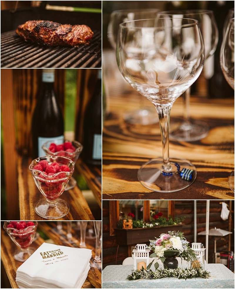 Snohomish & seattle wedding photographer | gsquared weddings photography a collage shows steak cooking on a grill empty wine glasses custom wedding napkins and a floral centerpiececapturing the spirit of love with a view at this machias elopement with elegant touches and vibrant details | wedding photo by gsquared weddings