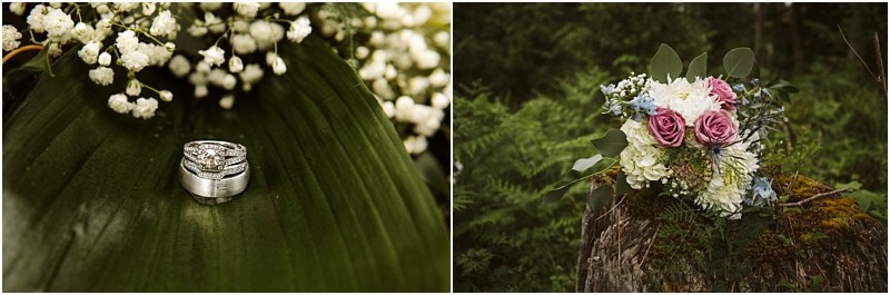 Snohomish & seattle wedding photographer | gsquared weddings photography left silver wedding rings with a diamond rest on a large green leaf with white babys breath flowers Right a bouquet of pink roses blue and white blooms and greenery sits on a mossy tree stumptrue love with a view at this machias elopement | wedding photo by gsquared weddings
