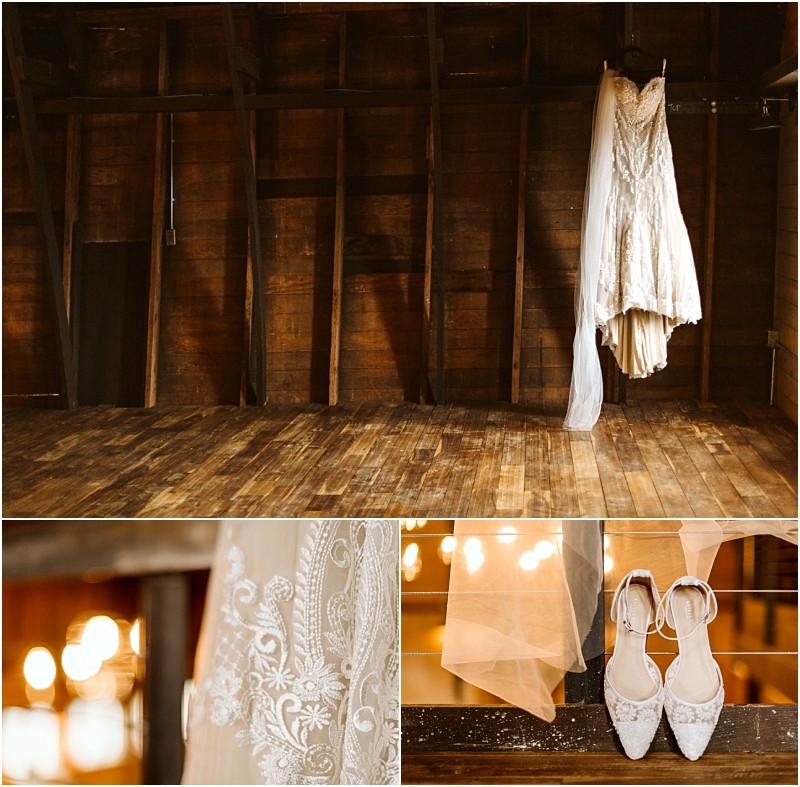 Snohomish & seattle wedding photographer | gsquared weddings photography a lace wedding dress hangs in a rustic wooden room at marionfield farm elopement Below a close up shows the dresss intricate details while another image features white bridal shoes and a veil placed on a wooden ledge | wedding photo by gsquared weddings