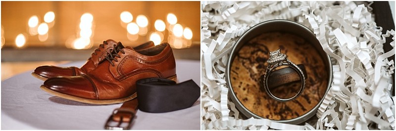 Snohomish & seattle wedding photographer | gsquared weddings photography a pair of brown dress shoes a black belt and a tie on a table next to a close up of wedding rings resting in a tin with shredded paperperfect details for a marionfield farm elopement | wedding photo by gsquared weddings