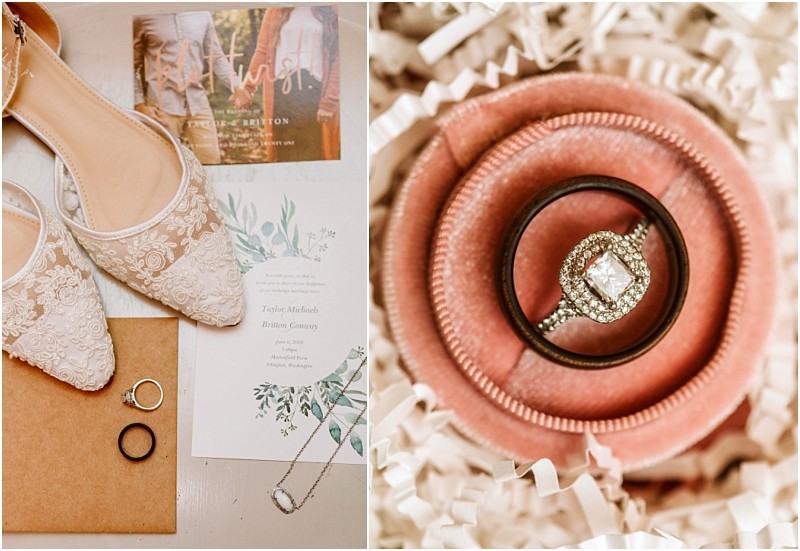 Snohomish & seattle wedding photographer | gsquared weddings photography a flat lay of wedding details from a marionfield farm elopement lace bridal shoes invitations rings and a necklace on the left on the right two rings in a pink velvet box rest among white shredded paper | wedding photo by gsquared weddings