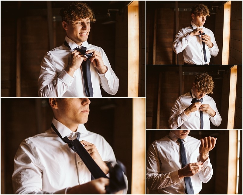 Snohomish & seattle wedding photographer | gsquared weddings photography a young man with curly hair puts on a tie and adjusts his white dress shirt cuffs standing by a warmly lit wooden wall The collage shows him smiling and focused as he gets ready for the marionfield farm elopement | wedding photo by gsquared weddings
