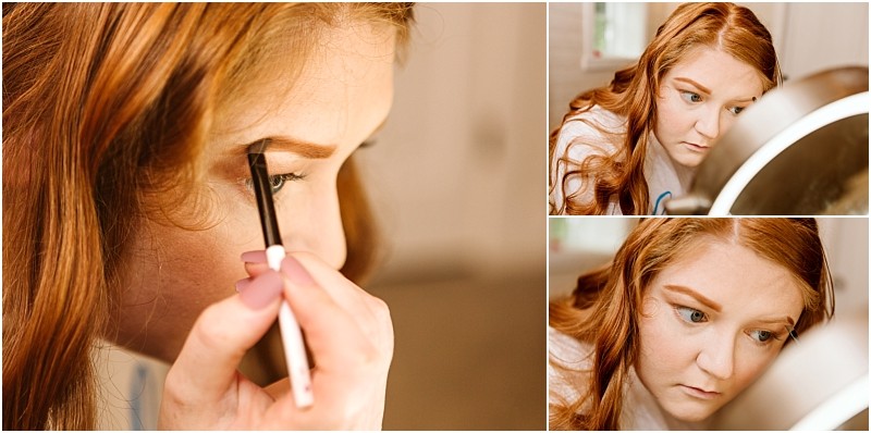 Snohomish & seattle wedding photographer | gsquared weddings photography a woman with long red hair applies eyebrow makeup with a brush in a close up while two smaller images show her focused on doing her makeup in front of a mirror before her marionfield farm elopement | wedding photo by gsquared weddings