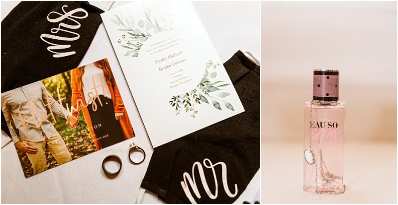 Snohomish & seattle wedding photographer | gsquared weddings photography wedding invitation suite with greenery design two rings mr And mrs Face masks a photo card and a pink eau so sexy perfume bottleperfect for announcing your marionfield farm elopementarranged on a white surface | wedding photo by gsquared weddings