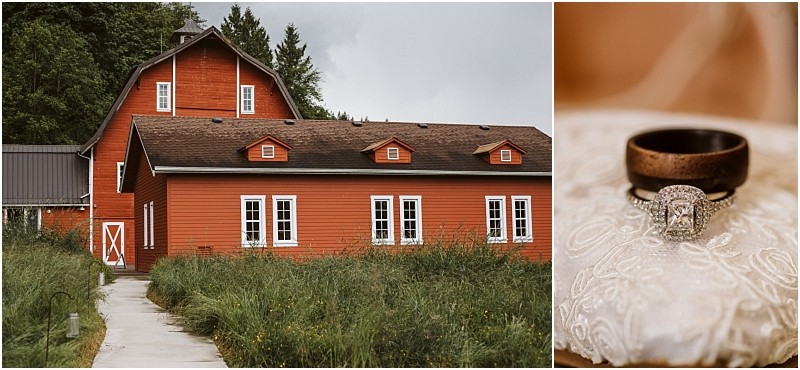Snohomish & seattle wedding photographer | gsquared weddings photography a red barn with white trim sits among tall grass under a cloudy sky at marionfield farm Beside it a close up shows a wooden ring and diamond engagement ring on laceperfect details for an intimate marionfield farm elopement | wedding photo by gsquared weddings