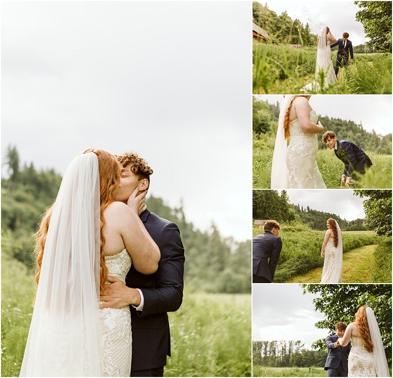 Snohomish & seattle wedding photographer | gsquared weddings photography a bride and groom share romantic moments outdoors at their marionfield farm elopement walking through lush green fields holding hands and kissing surrounded by trees and nature on their wedding day | wedding photo by gsquared weddings
