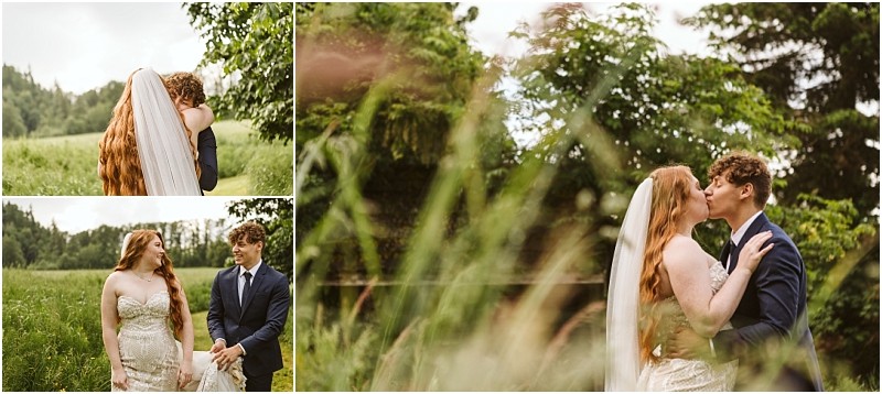 Snohomish & seattle wedding photographer | gsquared weddings photography a bride and groom with long red hair and a veil share romantic moments outdoors at marionfield farm elopement standing in a lush green field surrounded by trees exchanging smiles and kisses on their wedding day | wedding photo by gsquared weddings