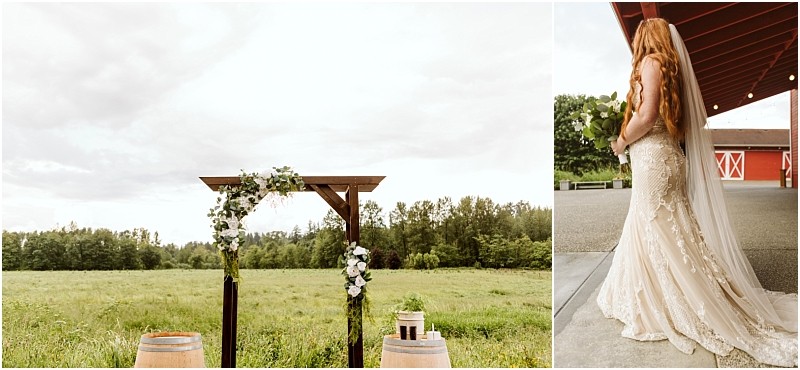 Snohomish & seattle wedding photographer | gsquared weddings photography split image on the left an outdoor wedding arch with white flowers stands in a green field at marionfield farm elopement On the right a bride in a lace gown with long red hair stands near a rustic red barn | wedding photo by gsquared weddings