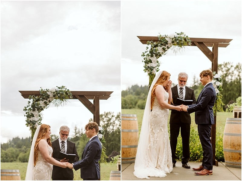Snohomish & seattle wedding photographer | gsquared weddings photography two photos capture a marionfield farm elopement with a bride and groom holding hands and exchanging vows outdoors under a decorated wooden arch as a man officiates Greenery and wine barrels add rustic charm to the scene | wedding photo by gsquared weddings